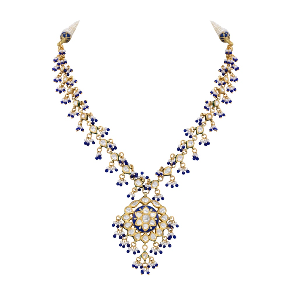 Blue Enamel Polki Necklace with Pearl and Bead Accents